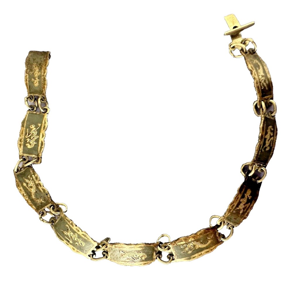 Damascene Bracelet Links Silver Vintage Lizard Bird Person 7" Stunning